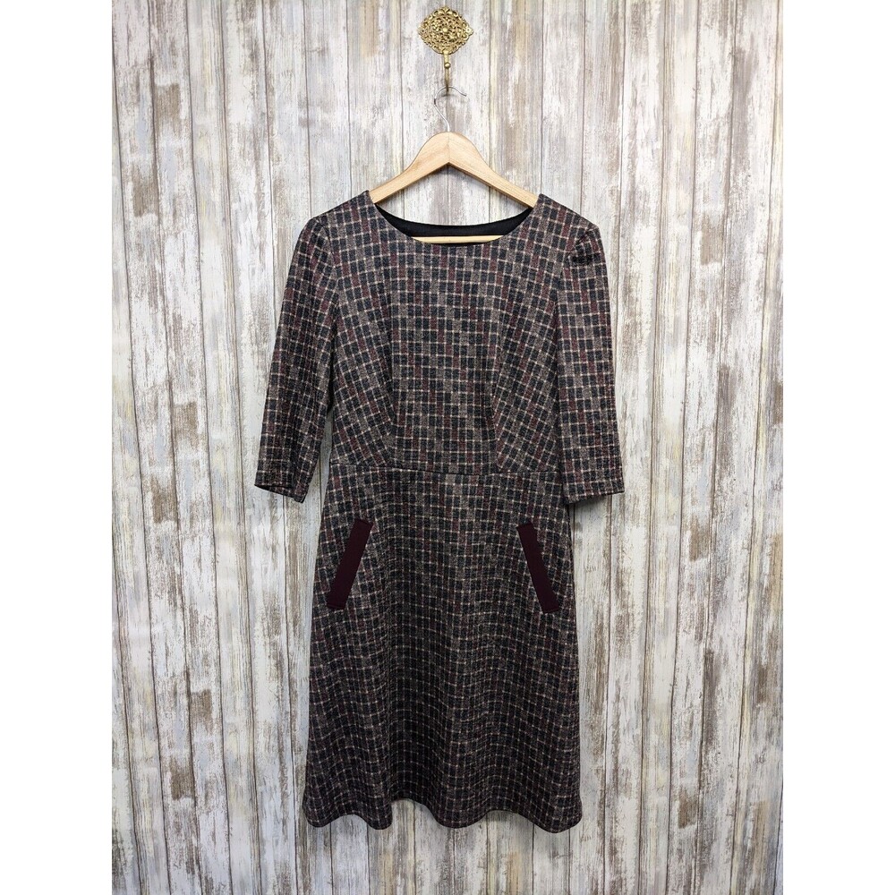 Connected Apparel Plaid Bordeaux Maroon Dress 3/4 Sleeve Pockets Size 6 NWT $80